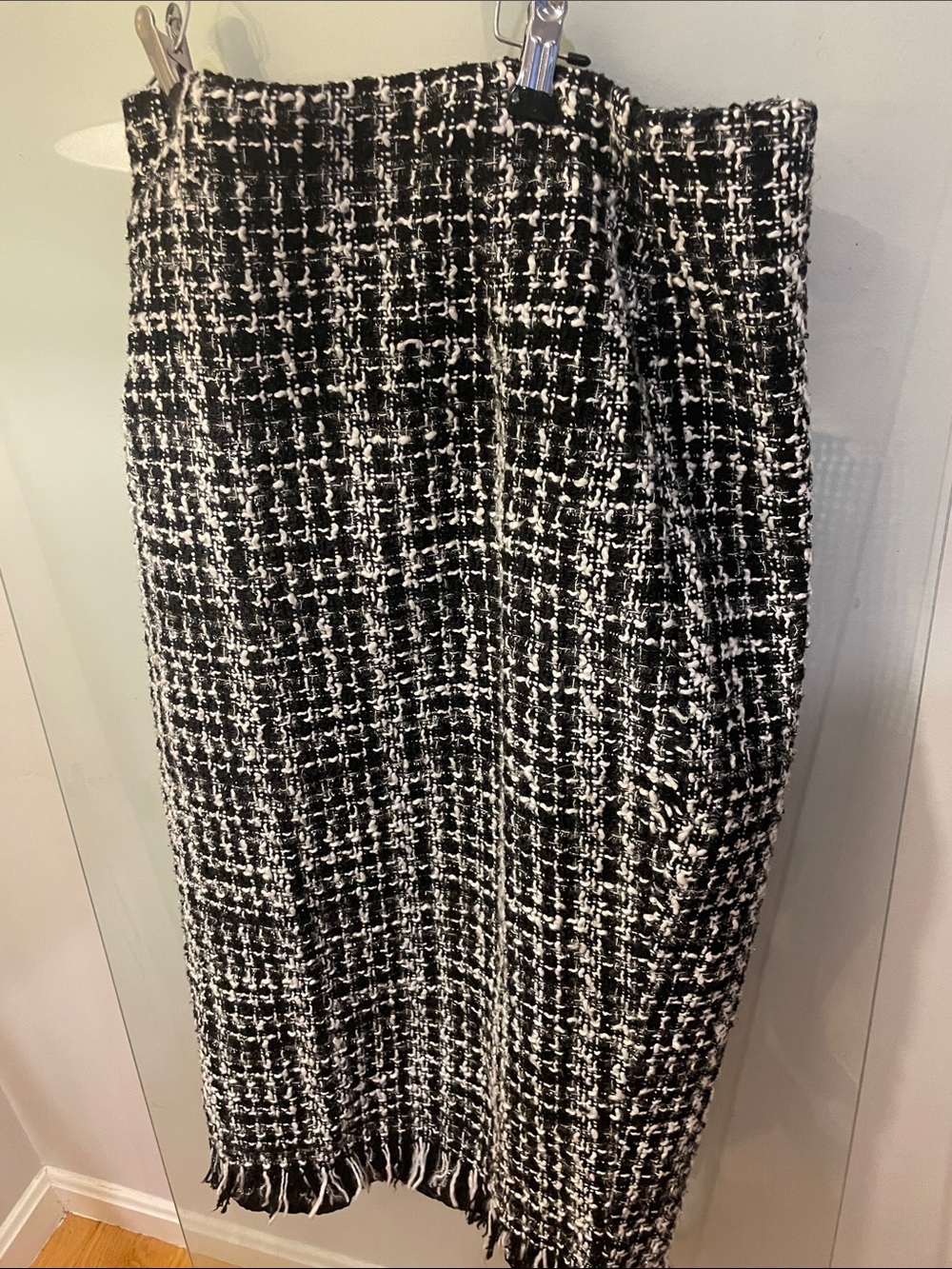 Black and White Tweed Pencil Skirt with Fringe Hem